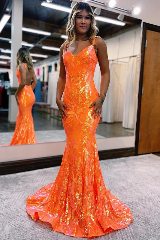 Sparkly Mermaid Orange Sequins Long Prom Dress