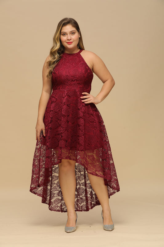 Plus Size Burgundy Formal Dress Crew Neck Lace Evening Party Dress