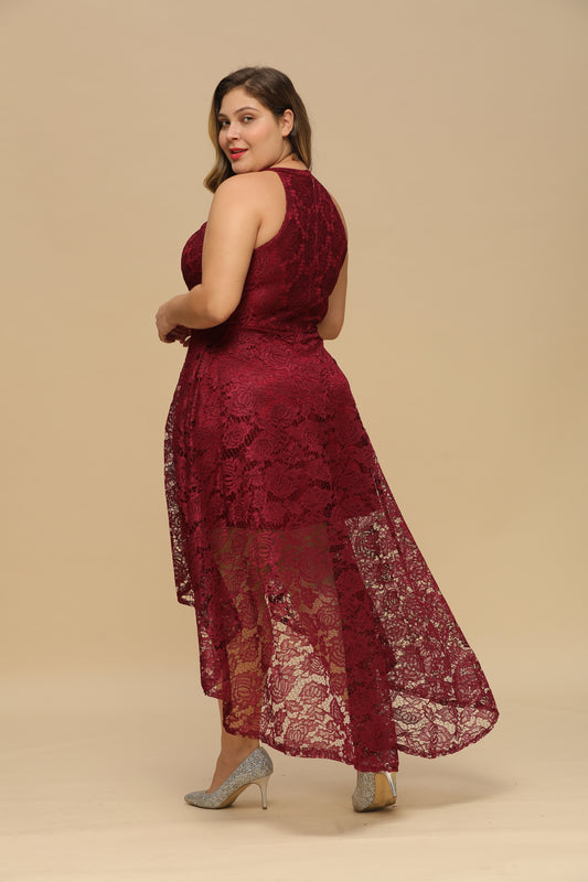 Plus Size Burgundy Formal Dress Crew Neck Lace Evening Party Dress