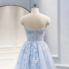 A Line Prom Dress Sweetheart Neck Blue Lace Long Formal Evening Dress