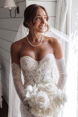 Lace Mermaid Wedding Dress with Detachable Long Sleeves Sweetheart Strapless Bridal Gown