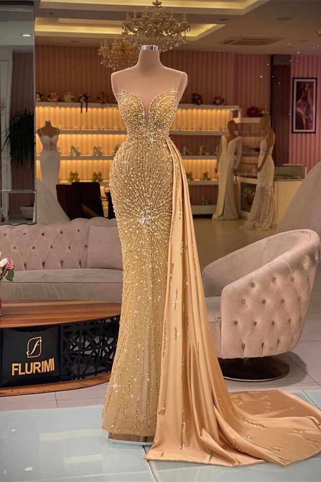 Stunning Gold Mermaid Evening Dress with Sweetheart Neckline and Rhinestone Ruffle