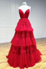 Red Tulle Spaghetti Straps Long Prom Dress