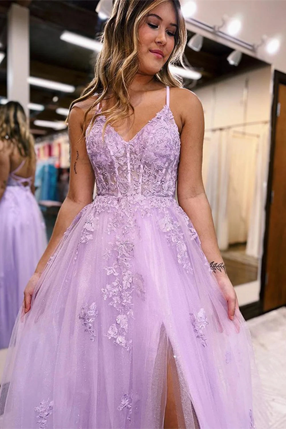 Lilac A-Line Spaghetti Straps Lace Long Prom Dress with Slit