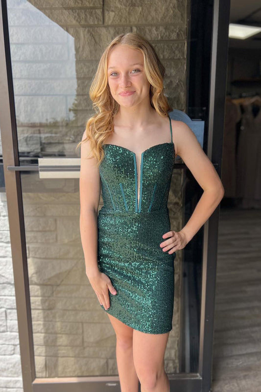 Sparkly Dark Green Corset Sequins Sleeveless Tight Homecoming Dress