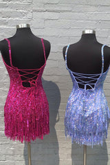 Sparkly Gold Spaghetti Straps Sequins Tight Short Hoco Dress with Fringes