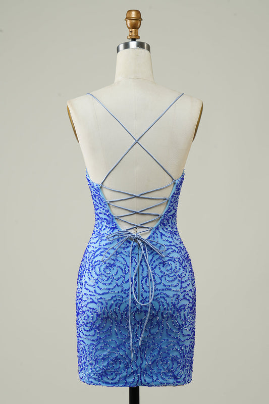 Sparkly Blue Beaded Spaghetti Straps Tight Short Homecoming Dress