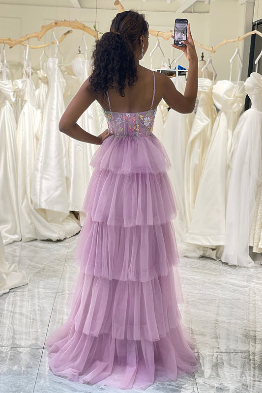 Mauve A Line Appliques Long Corset Tiered Prom Dress With Slit