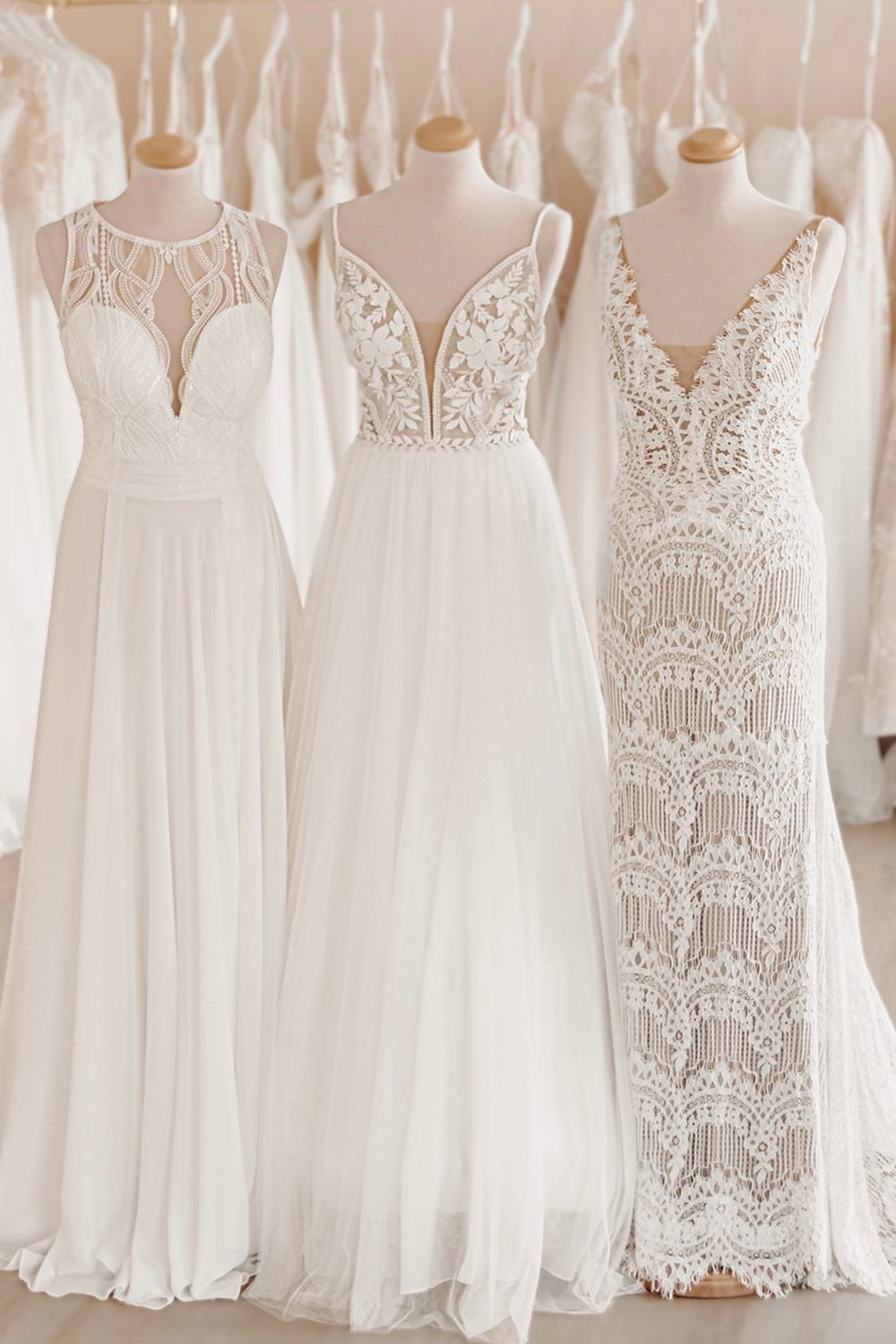 Effortless White A-Line Boho Long Chiffon Wedding Dress with Lace