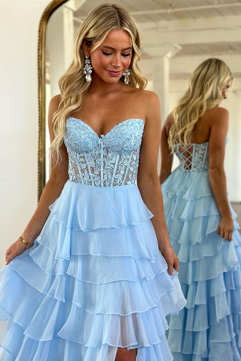 Light Blue A-Line Tiered Chiffon Long Prom Dress with Lace