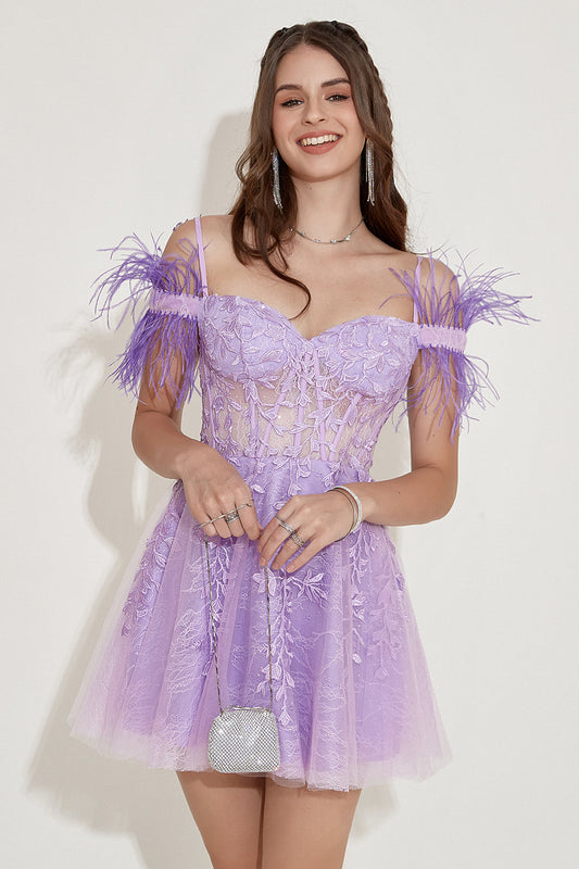 Lavender Off Shoulder Homecoming Dress with Feathers