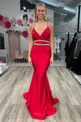 Red Mermaid Backless Sequined Long Prom Dress