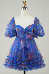 Dark Blue Puff Sleeves A-Line Floral Short Homecoming Dress with Ruffles