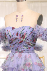 Lavender A Line Strapless Long Tiered Prom Dress With Feathers