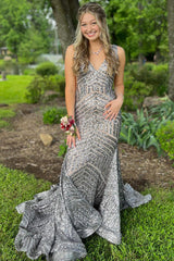 Fuchsia Deep V Neck Sequin Mermaid Prom Dress