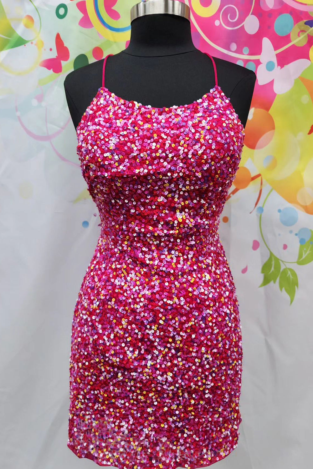 Sparkly Fuchsia Sequined Spaghetti Straps Tight Short Homecoming Dress