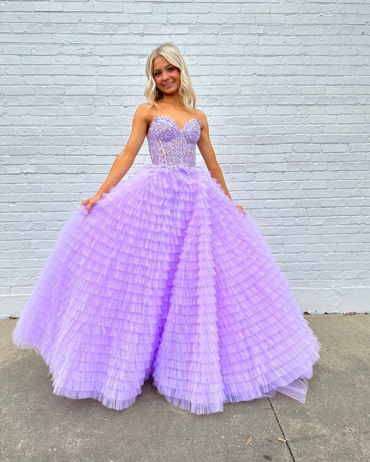 Lilac A Line Tiered Sweetheart Long Corset Prom Dress with Ruffles