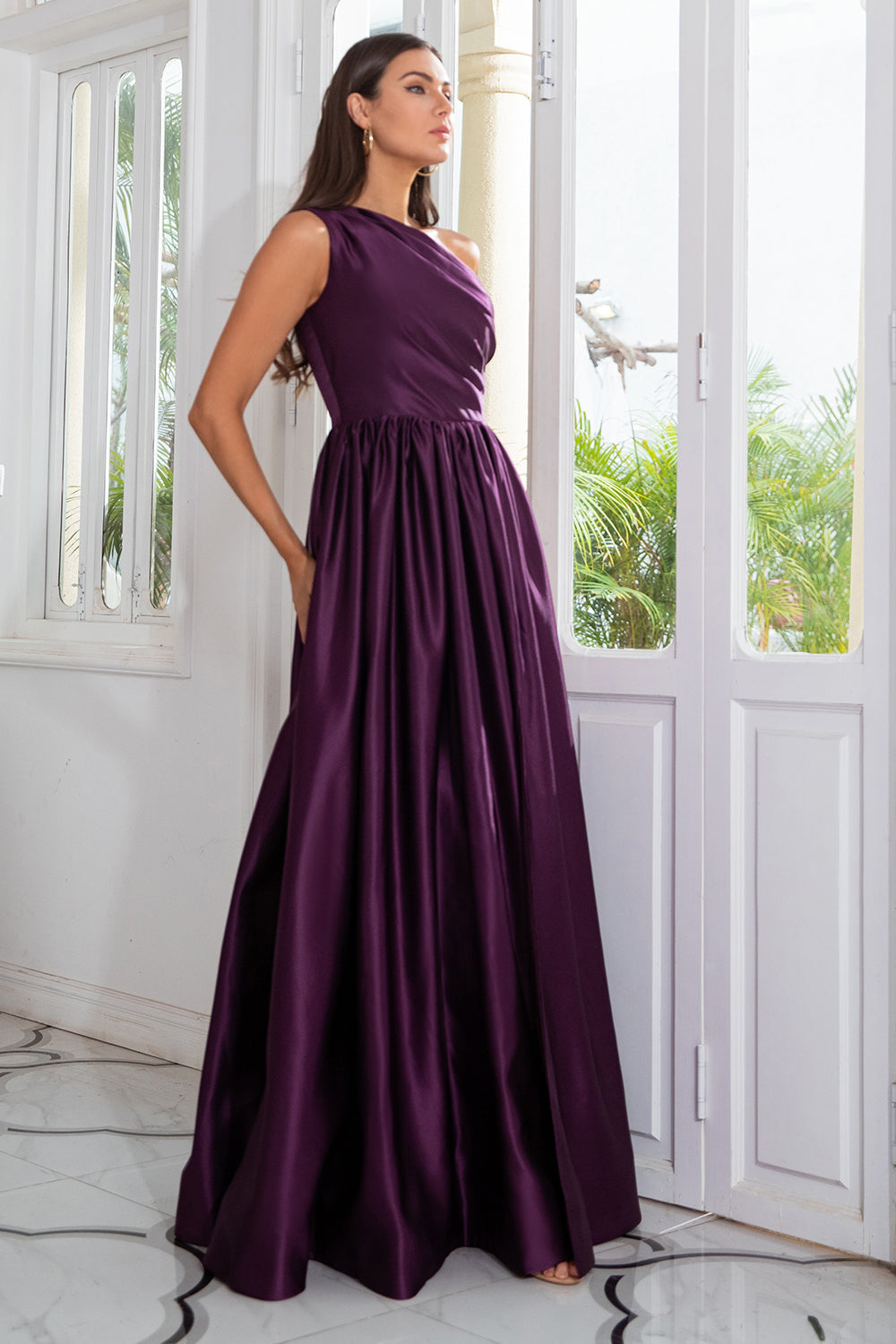 Purple One Shoulder A Line Prom Dress