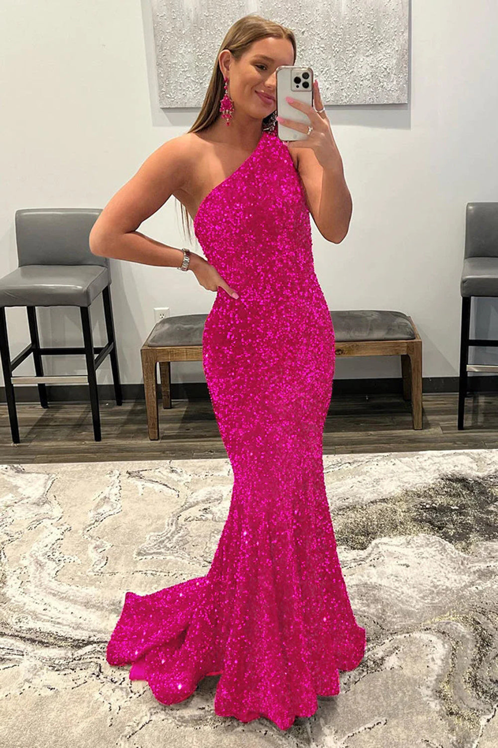 Sparkly Hot Pink Mermaid Sequins Long Prom Dress