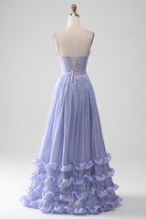 Lavender A Line Spaghetti Straps Tiered Long Corset Prom Dress With Slit