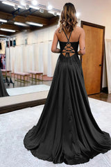 Dark Green Satin A-Line Appliques Prom Dress with Slit