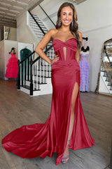 Dark Green Mermaid Sweetheart Long Satin Prom Dress with Slit