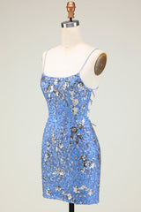 Sparkly Blue Sequined Beaded Backless Tight Short Homecoming Dress