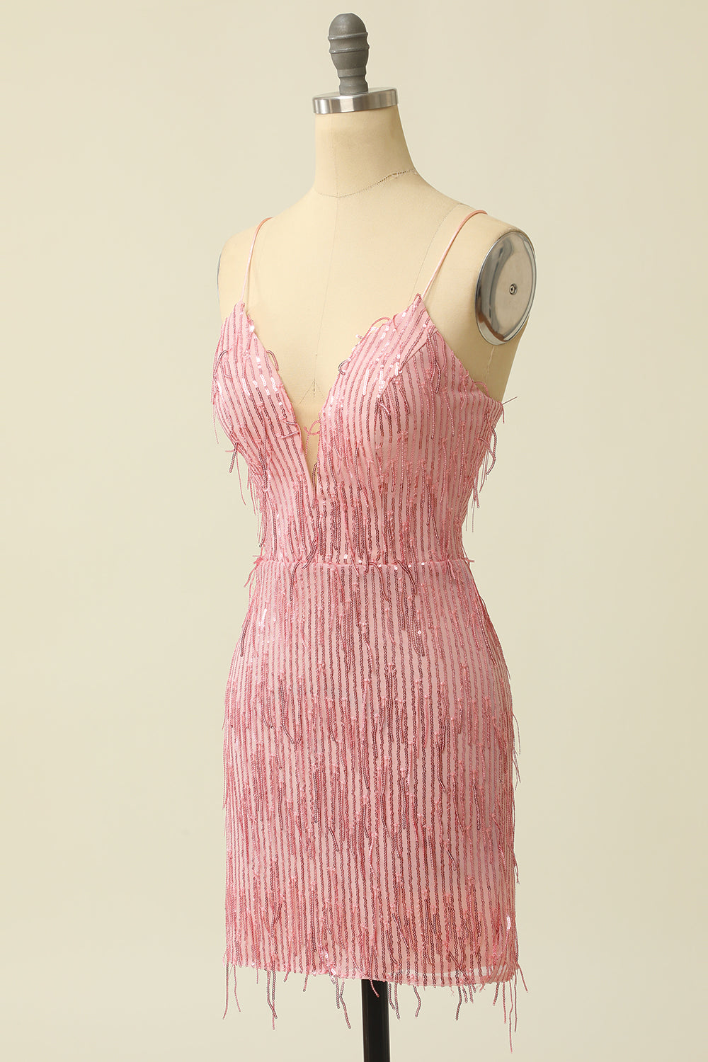 Pink Spaghetti Straps Bodycon Homecoming Dress With Feathers