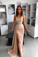 Chic Pink Evening Dress with Applique Belt and Hollowing Out Slit