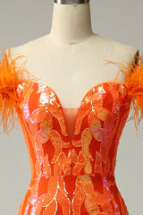 Sparkly Orange Sequins Off the Shoulder Mermaid Long Prom Dress with Feathers