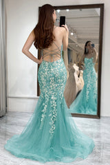 Light Green Mermaid Backless Long Corset Prom Dress With Appliques