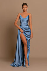 Elegant Royal Blue Long Charmeuse Evening Dress with Slit Pleats