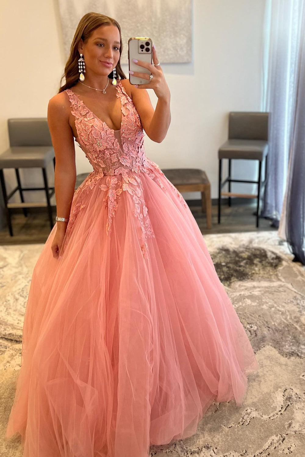 Princess A Line Deep V Neck Blush Long Prom Dress with Appliques