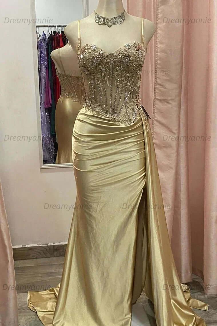 Corset Sequined Prom Dress Satin Appliqued Long Evening Dress With Slit