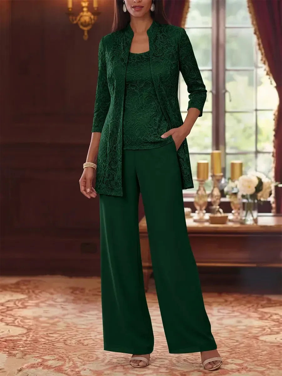 3 Pieces Suit Scoop Chiffon Mother of the Bride Pantsuits with Jacket 3/4 Sleeves Lace Ankle-Length