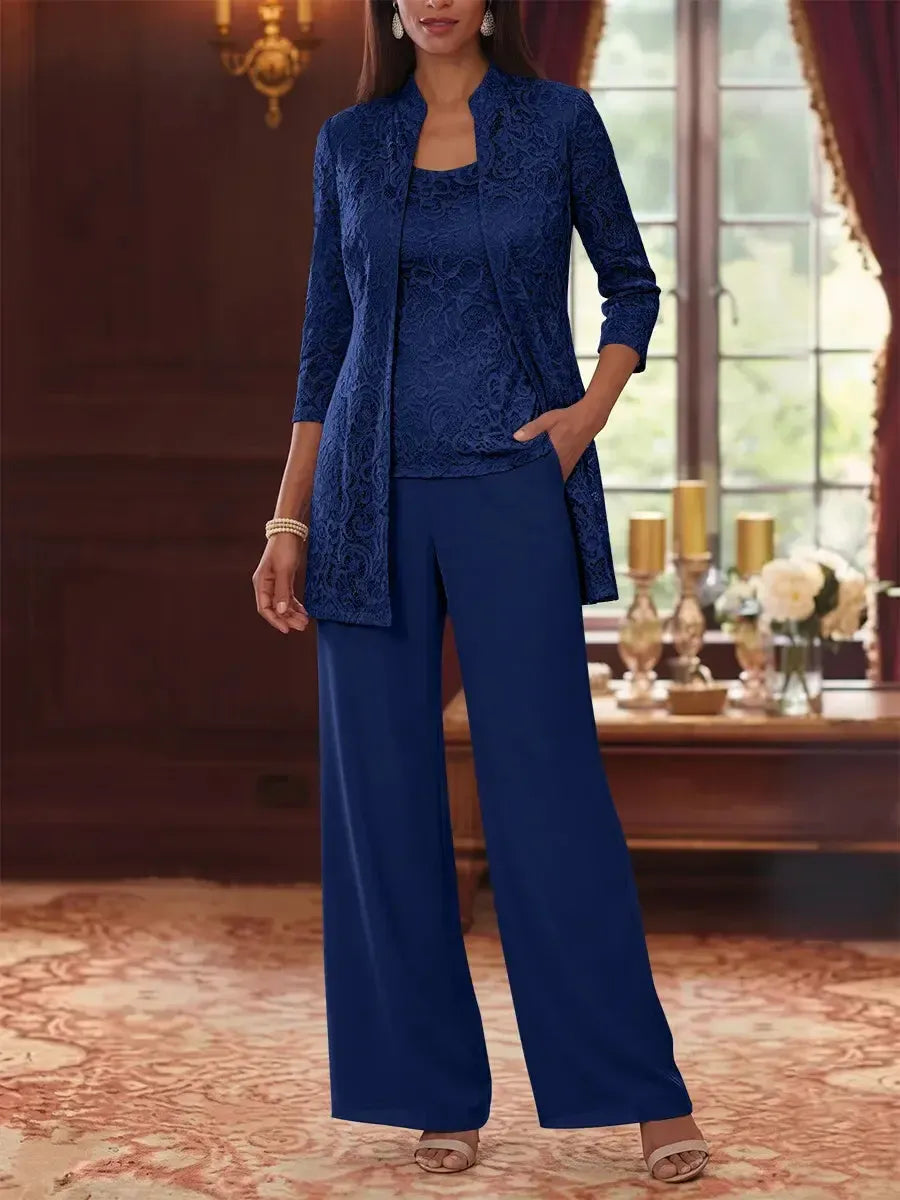 3 Pieces Suit Scoop Chiffon Mother of the Bride Pantsuits with Jacket 3/4 Sleeves Lace Ankle-Length