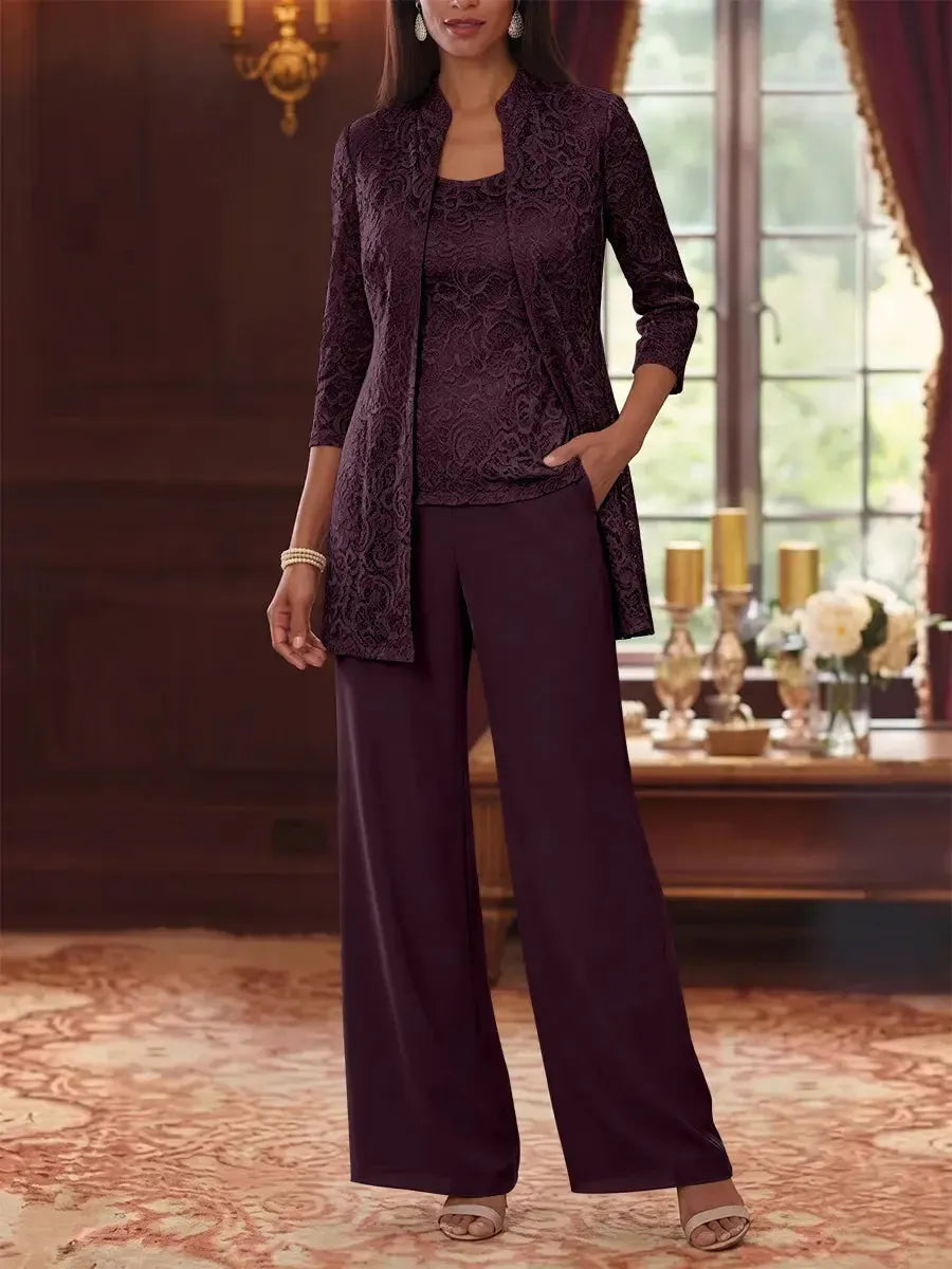 3 Pieces Suit Scoop Chiffon Mother of the Bride Pantsuits with Jacket 3/4 Sleeves Lace Ankle-Length