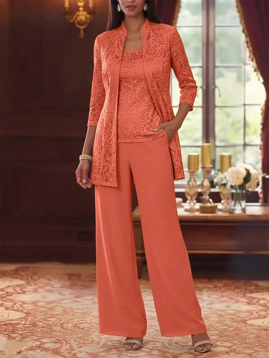 3 Pieces Suit Scoop Chiffon Mother of the Bride Pantsuits with Jacket 3/4 Sleeves Lace Ankle-Length