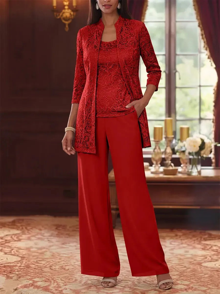 3 Pieces Suit Scoop Chiffon Mother of the Bride Pantsuits with Jacket 3/4 Sleeves Lace Ankle-Length