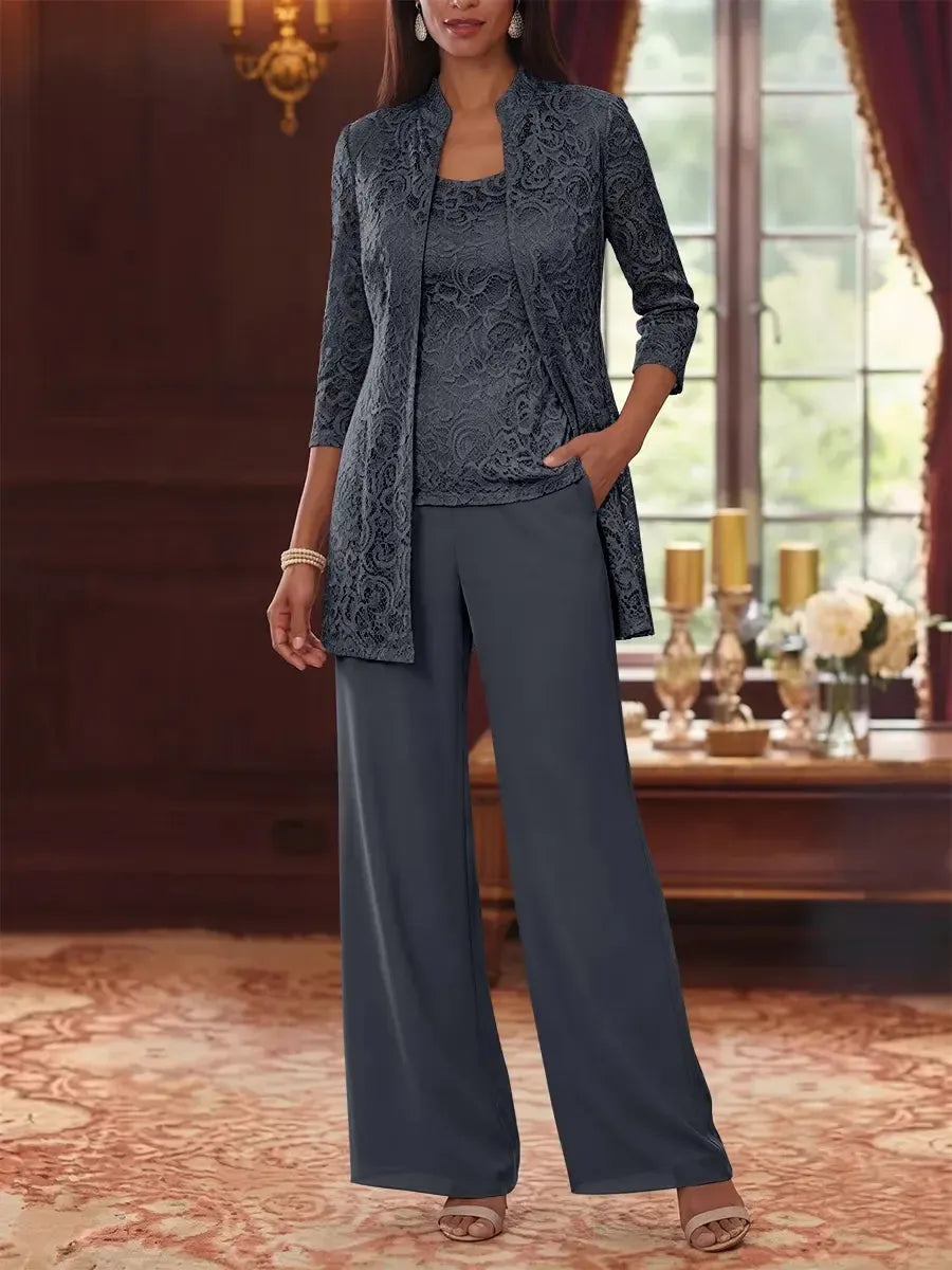 3 Pieces Suit Scoop Chiffon Mother of the Bride Pantsuits with Jacket 3/4 Sleeves Lace Ankle-Length