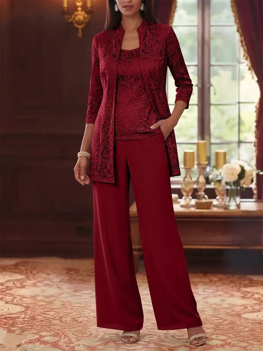 3 Pieces Suit Scoop Chiffon Mother of the Bride Pantsuits with Jacket 3/4 Sleeves Lace Ankle-Length