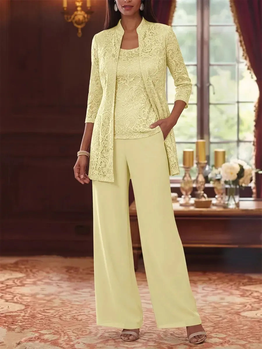 3 Pieces Suit Scoop Chiffon Mother of the Bride Pantsuits with Jacket 3/4 Sleeves Lace Ankle-Length