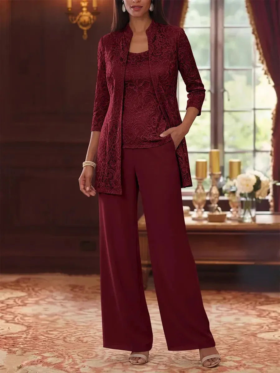 3 Pieces Suit Scoop Chiffon Mother of the Bride Pantsuits with Jacket 3/4 Sleeves Lace Ankle-Length