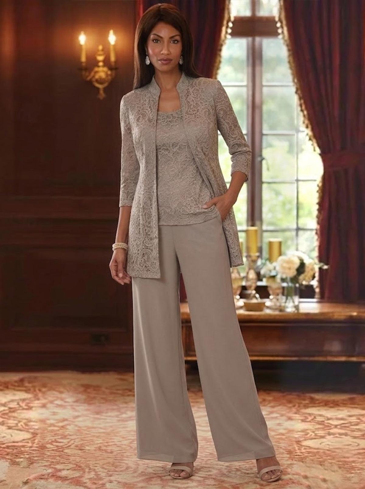 3 Pieces Suit Scoop Chiffon Mother of the Bride Pantsuits with Jacket 3/4 Sleeves Lace Ankle-Length