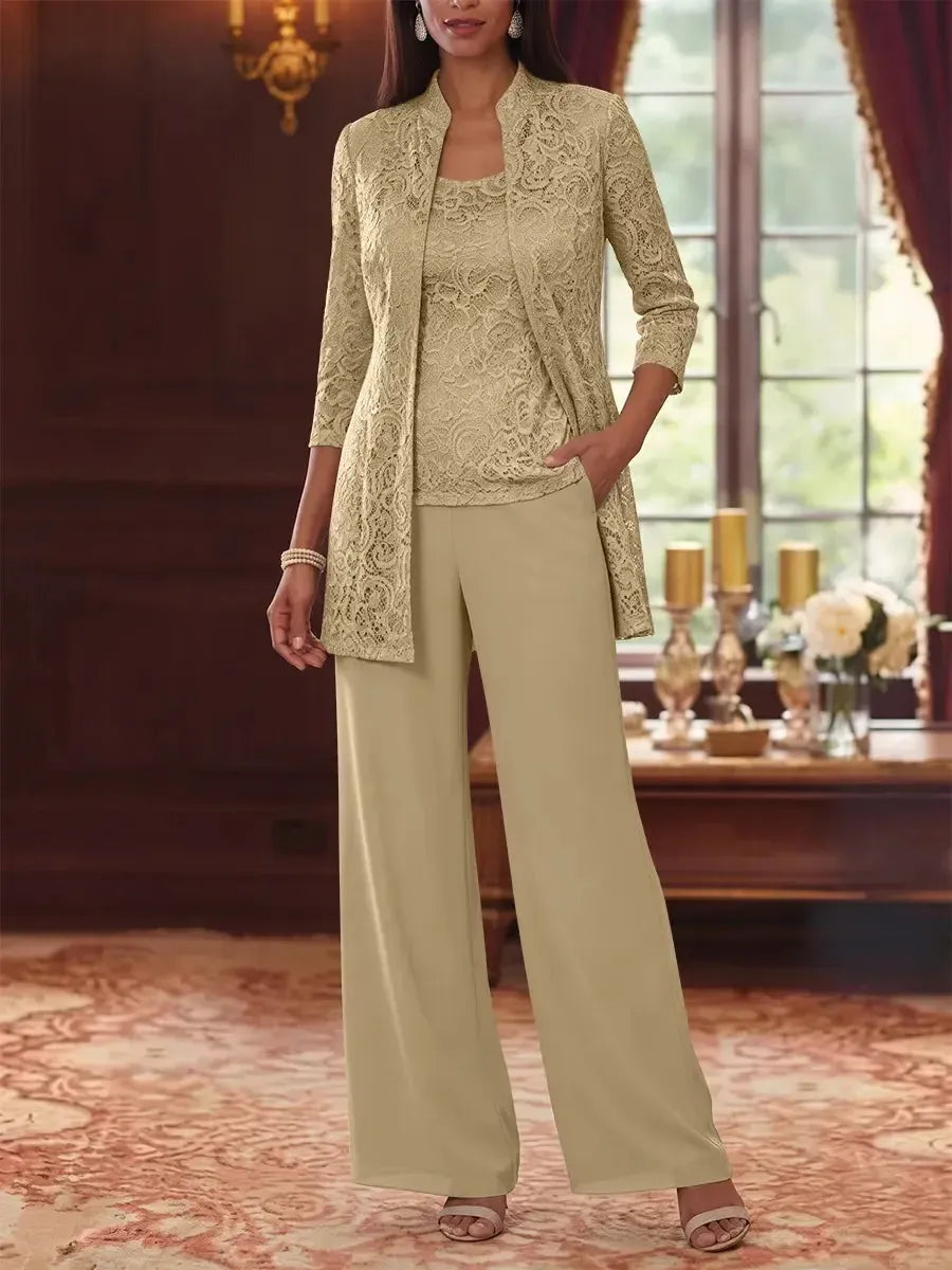 3 Pieces Suit Scoop Chiffon Mother of the Bride Pantsuits with Jacket 3/4 Sleeves Lace Ankle-Length