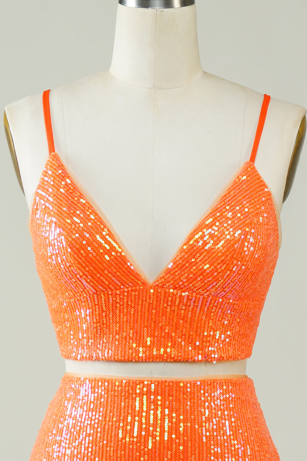 Two Piece Orange Sequins Tight Homecoming Dress