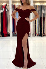 Red Off-The-Shoulder Sweetheart Mermaid Evening Dress with Slit Pleats