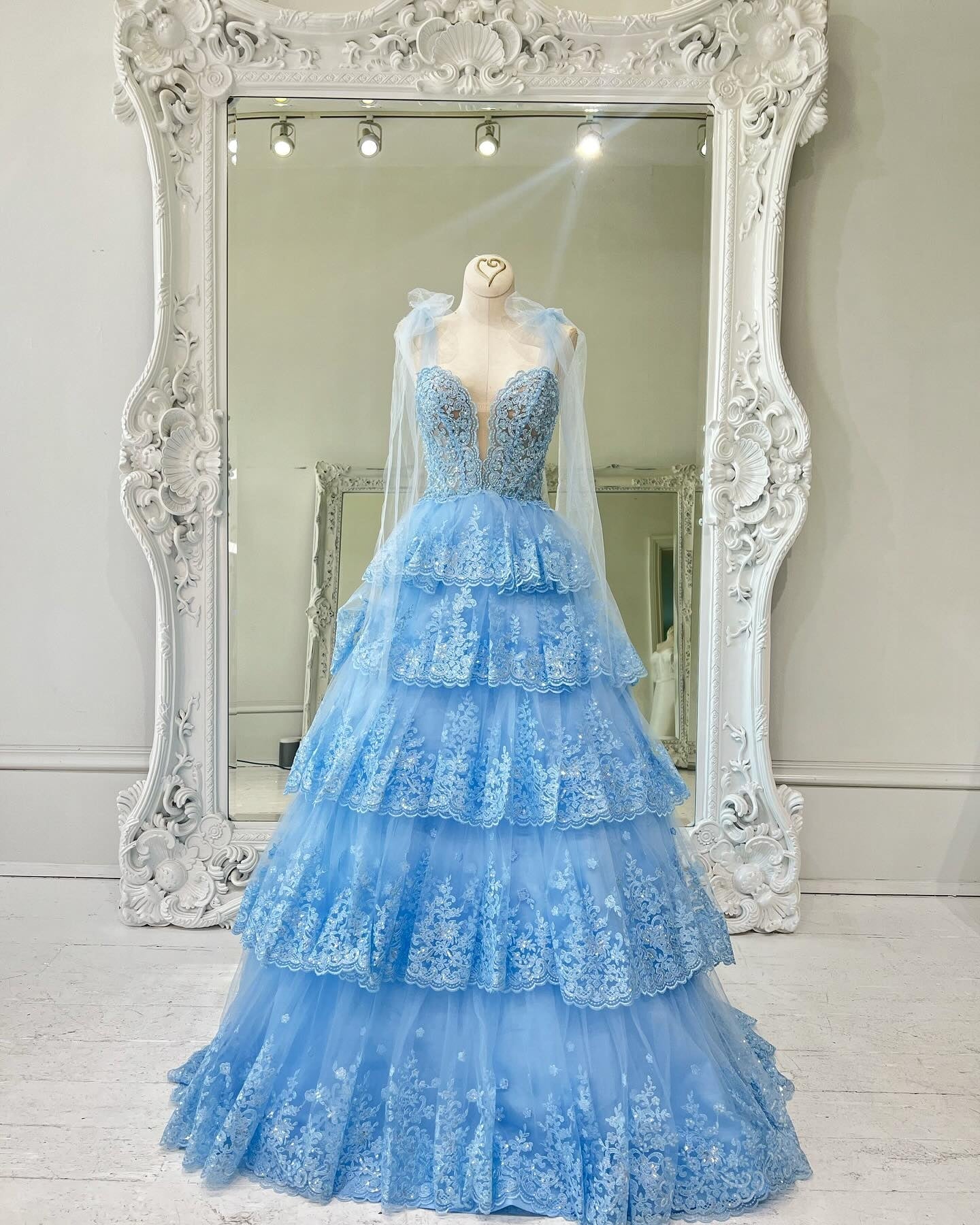 Sparkly Blue Tiered Lace A-Line Corset Long Prom Dress