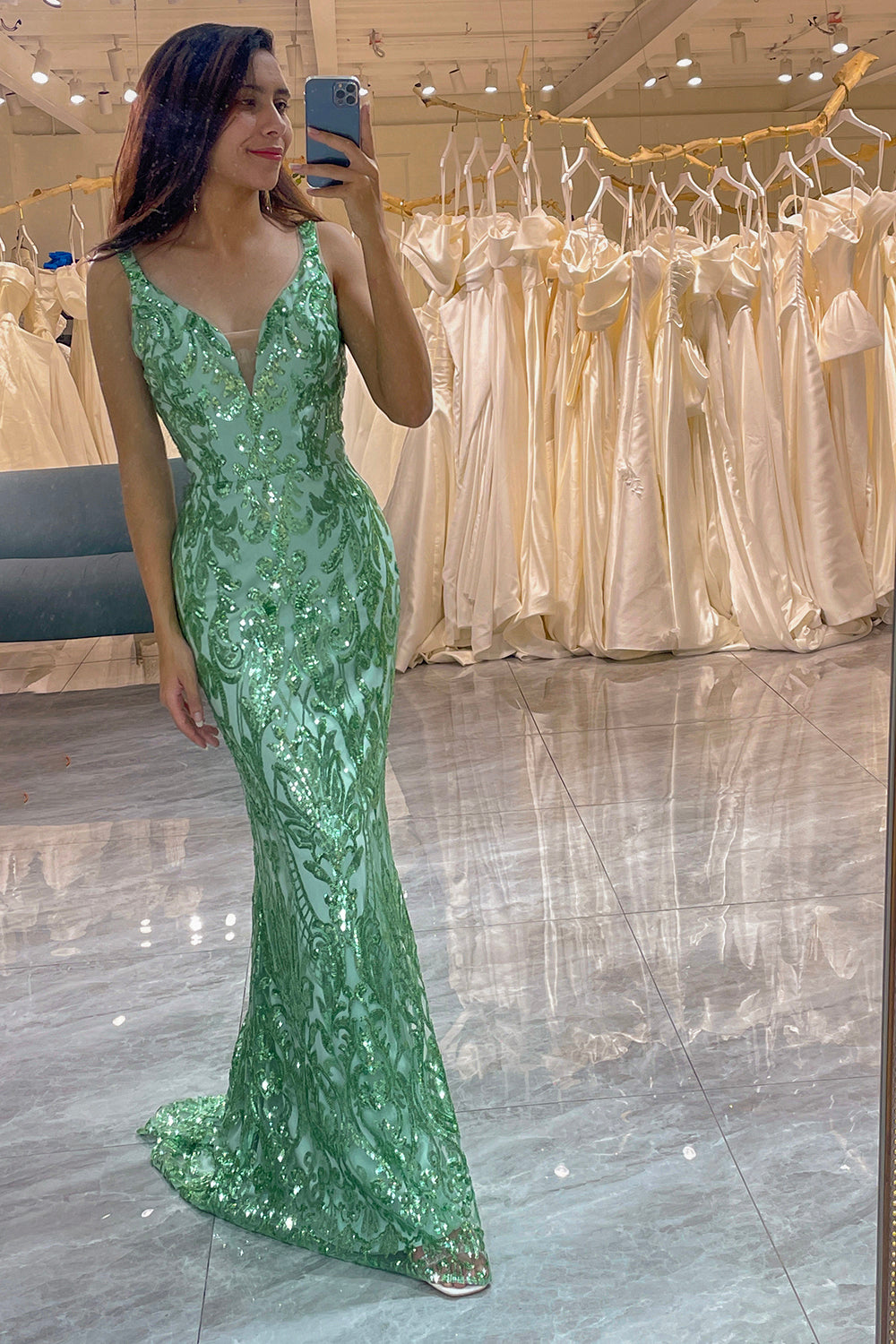 Glitter Green Mermaid Long Appliqued Prom Dress