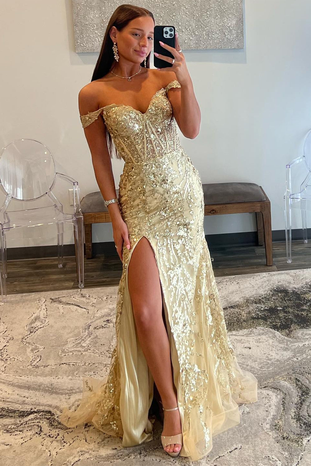 Sparkly Mermaid Golden Long Sequins Prom Dress With Slit